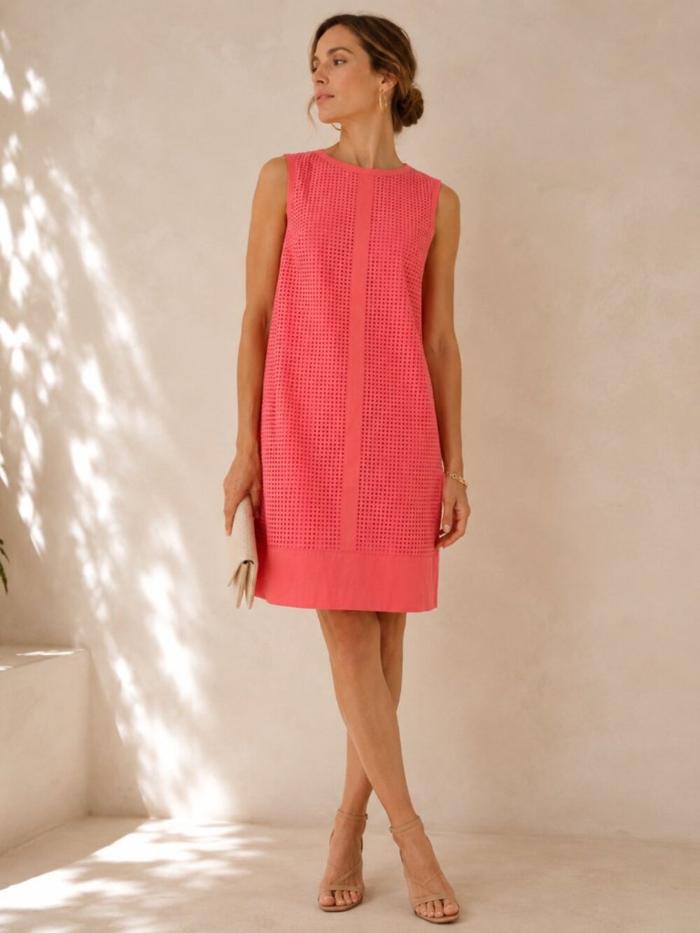 Basler Coral Pink Laser Cut Cotton Shift Dress EU 42 US 10